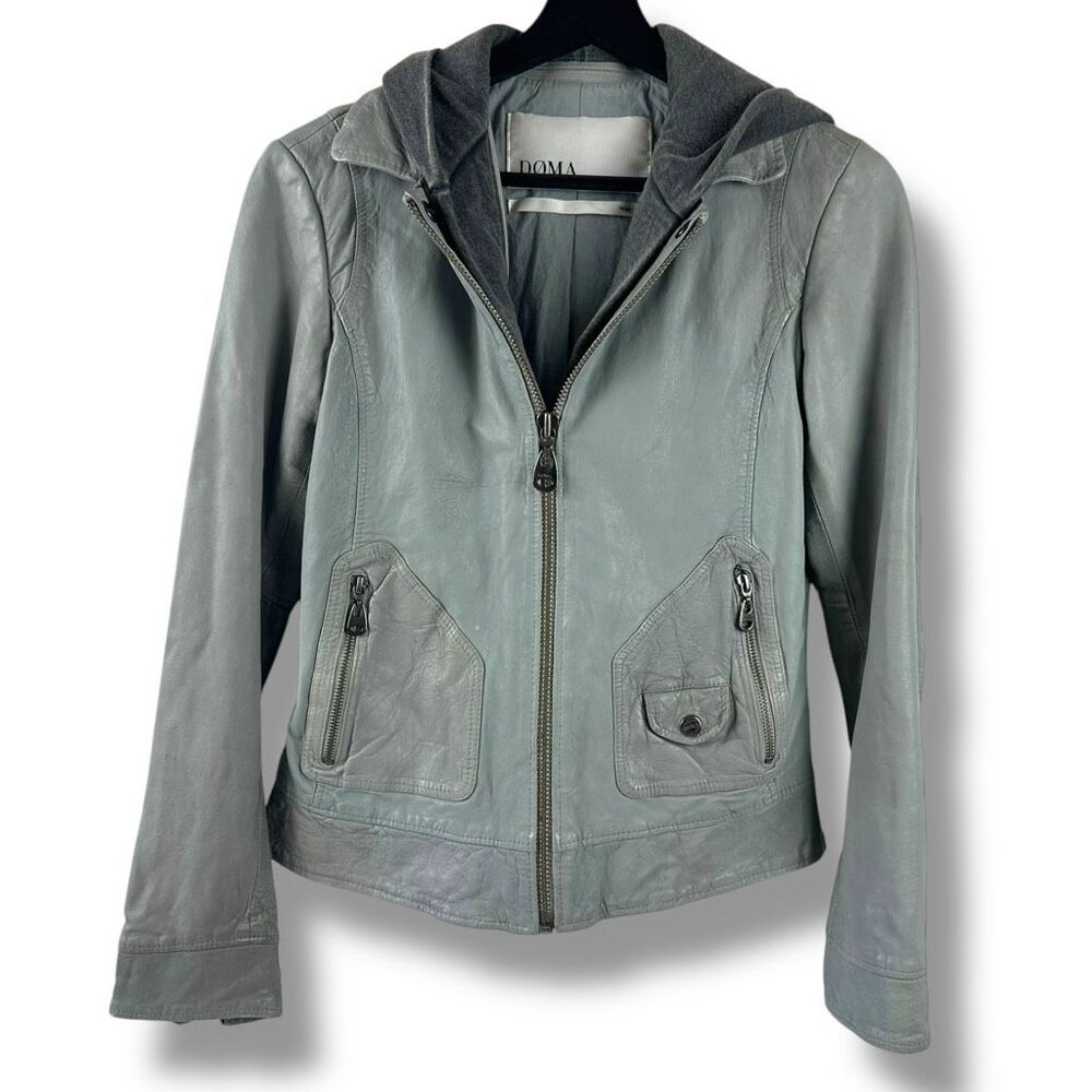 Doma Size L Clash Hoodie Leather Jacket Gray 100% Lamb Nappa Moto Grunge Edgy - Picture 1 of 14